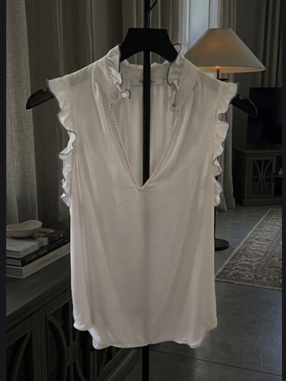 Robert Graham Silk White Ruffle-Trim V-Neck Camisole